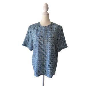 Christie & Jill Women's Top L Blue Geometric Print Short Sleeve Blouse Retro 80s
